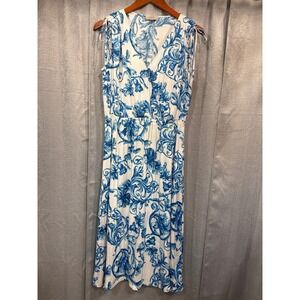 Loft Outlet Blue White Damask Scroll Print Sleeveless Midi Dress Womens Medium